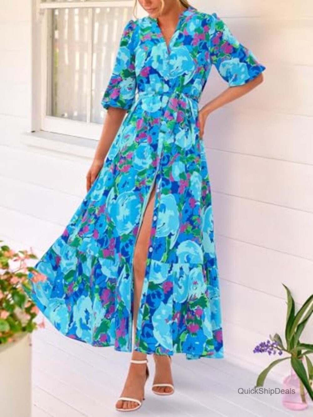 Floral Maxi Dress Boho V Neck 3/4 Puff Sleeve Button Down Tie Waist Flowy Long - Picture 5 of 7